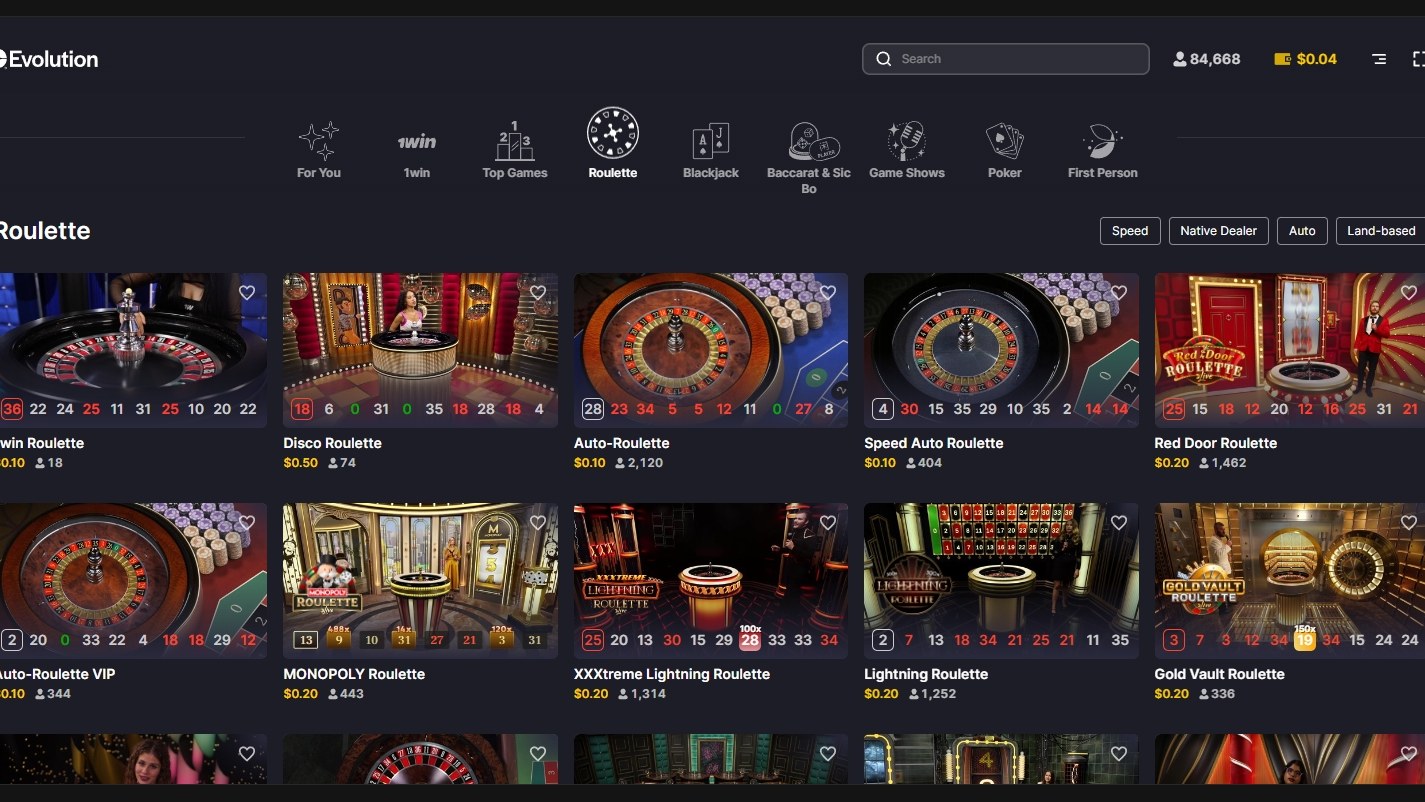 Lobby der Live-Roulette-Tische von Evolution